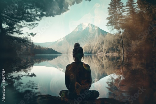A double exposure image of a person meditating, with a beautiful nature view overlaid in the background © Arthur