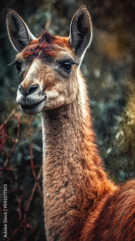 Guanaco In Realistic Photography Style In Colorful Tropical Jungle Detailed Portrait Front Lock Generative Ai Digital Illustration Part#140423