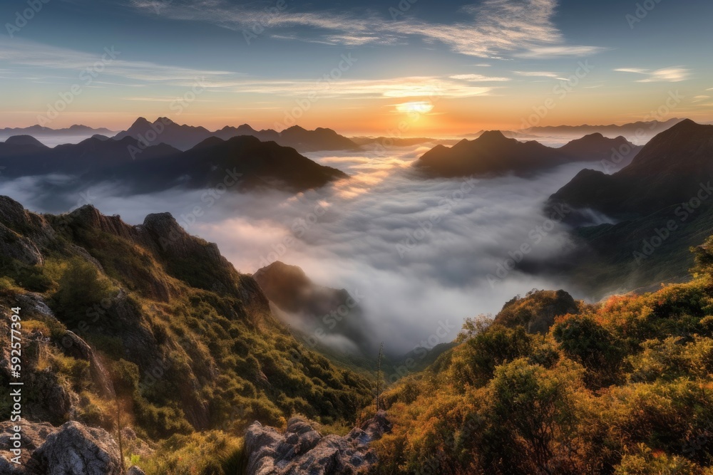 A panoramic shot of a beautiful sunrise over the mountains, with mist and clouds in the valley below