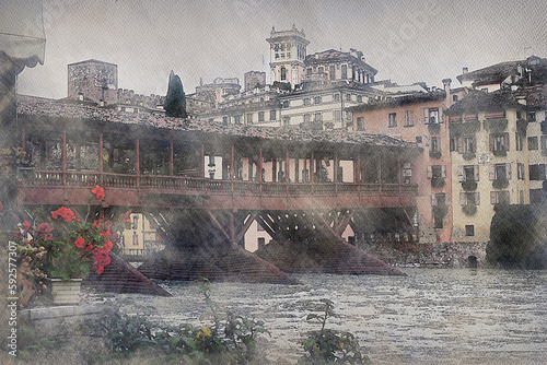 Watercolor of the Bassano del Grappa bridge in Italy
