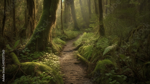 Wallpaper Mural Enchanted Forest Trail Serene Path Through a Mystical Forest, Towering Trees Laden with Moss, Immortalized in Captivating Detail to Bring Nature's Magic into Your Home or Office. Generative AI Torontodigital.ca