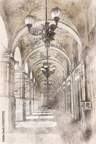 Watercolor of arcades with columns and arches