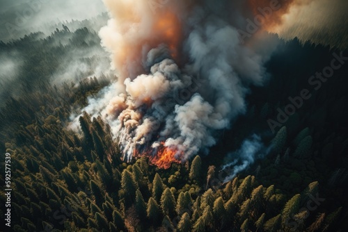 Aerial view of a wildfire raging through a forest, with thick plumes of smoke rising into the sky. Sense of danger and destruction 