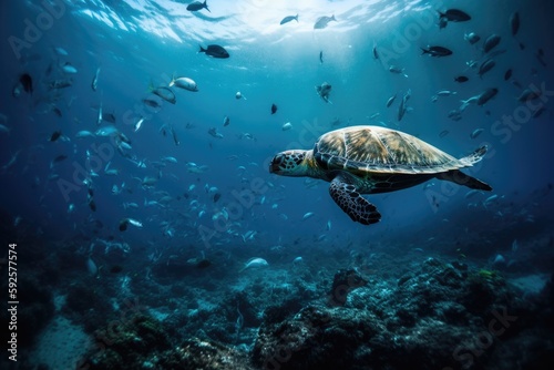 An underwater shot of a sea turtle swimming through a school of fish, with plastic debris floating in the water. Environmental damage and urgency concept