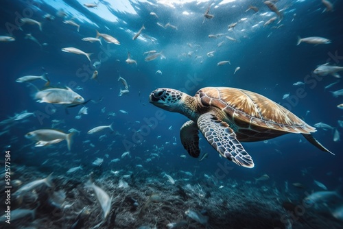 An underwater shot of a sea turtle swimming through a school of fish, with plastic debris floating in the water. Environmental damage and urgency concept © Arthur