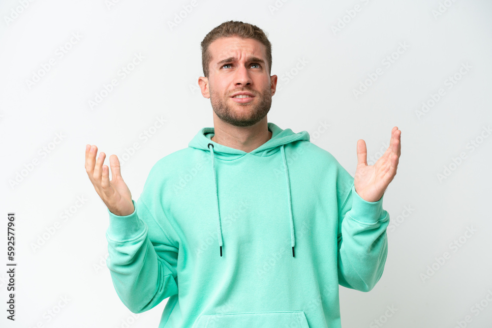 Young handsome caucasian man isolated on white background stressed overwhelmed Young handsome caucasian man isolated on white background stressed overwhelmed