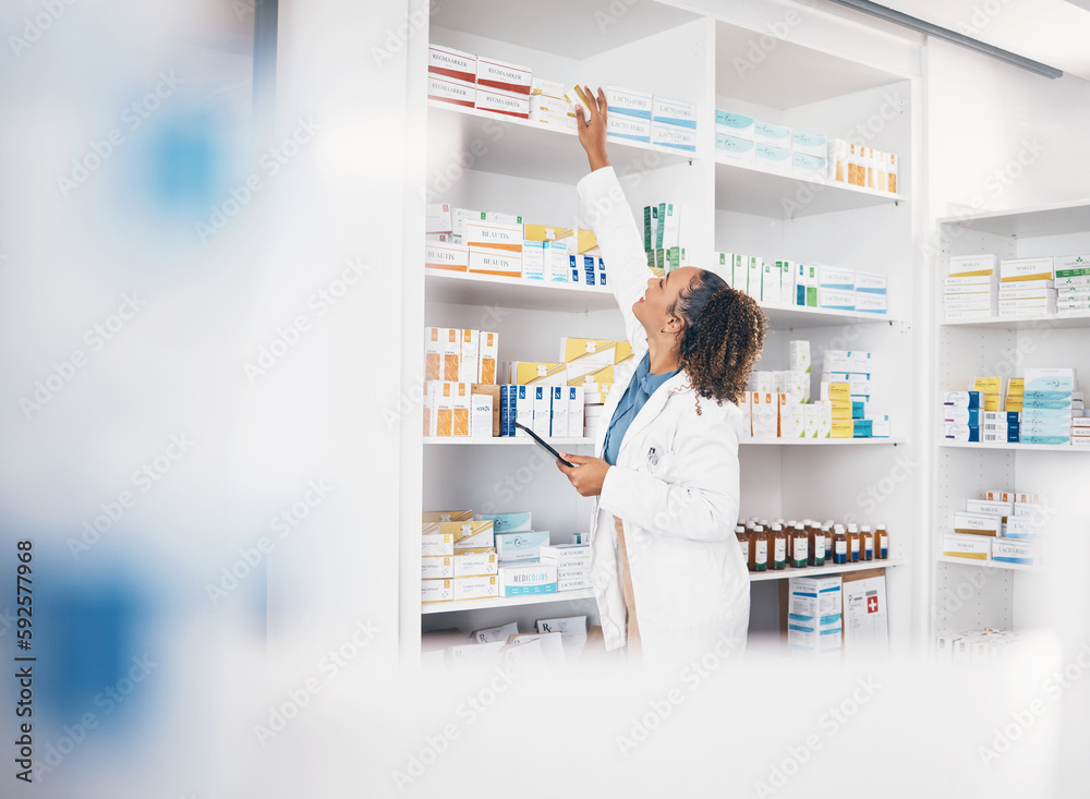 Tablet, pharmacy or woman by shelf with medicine pills or supplements products to check drugs inventory. Blurry, doctor or pharmacist checking boxes of medical stock or retail medication checklist