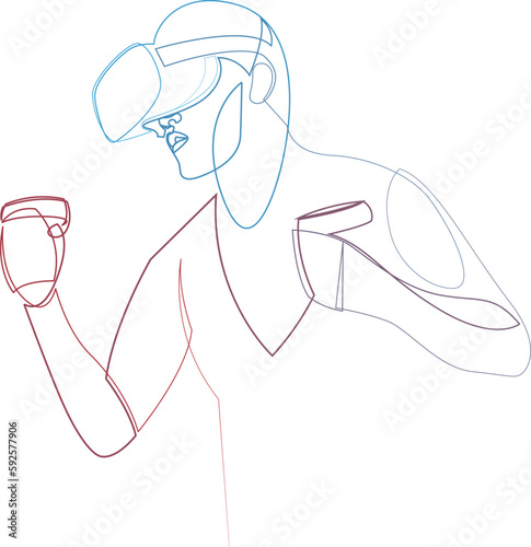Continuous single line drawing of man in virtual reality headset and motion controller. One line art of figure wearing VR helmet playing virtual game. Gradient color line. Vector illustration.