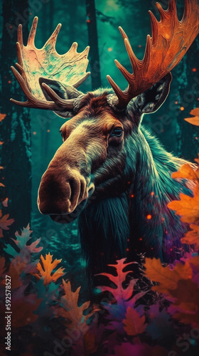Moose In Realistic Photography Style In Colorful Tropical Jungle Detailed Portrait Front Lock Generative Ai Digital Illustration Part#140423