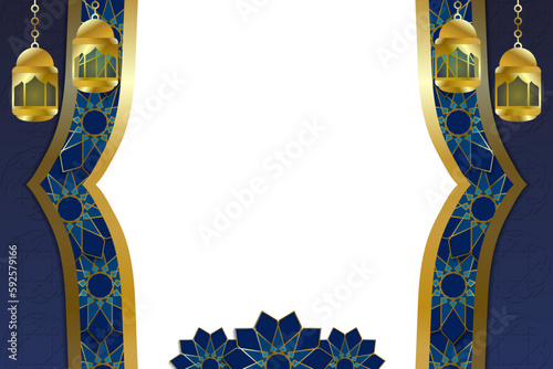 Dark Blue Banner Background with Islamic Flowers Ornament and Lanterns Theme