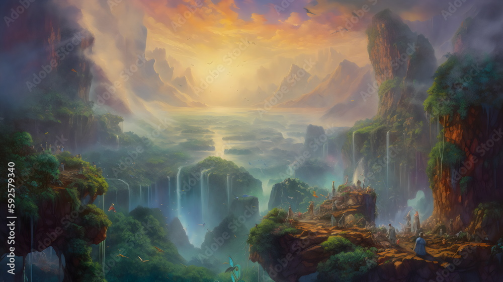 Painting of epic view from a mountai top with waterfall and in the far distance there is a wild forest with high rising trees rising up from the canopy with the sky filled with dancing s. generativ ai