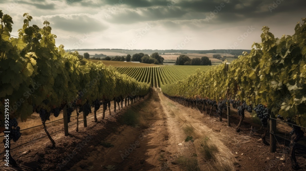A panoramic view of endless rows of grapevines created with Generative AI technoloy.