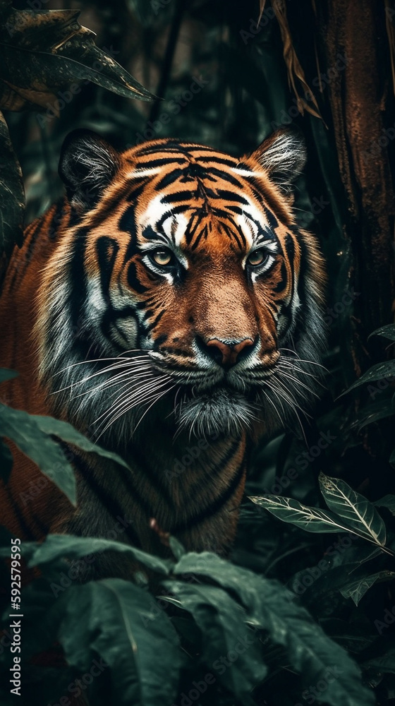 Tiger In Realistic Photography Style In Colorful Tropical Jungle Detailed Portrait Front Lock Generative Ai Digital Illustration Part#140423