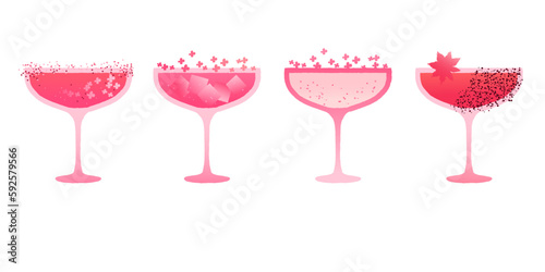 Margarita dessert glass set. Alcohol drink with flowers and ice cubes. Spiced drink. Refreshing pink cocktail for bar. Flat vector illustration with texture and gradient