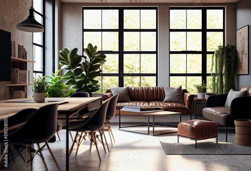 Modern minimalistic coworking interior with furniture. 3D Rendering. Generative AI