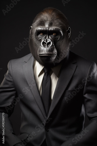 AI generated studio portrait of a gorilla wearing a suit