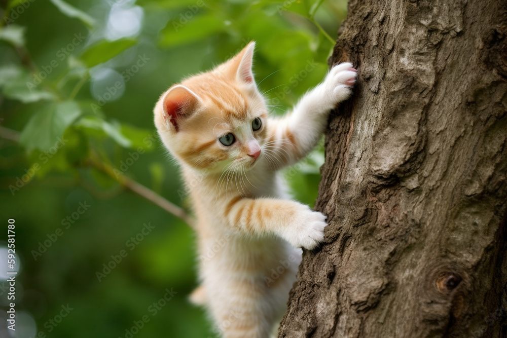 cute kitten wants to climb a tree