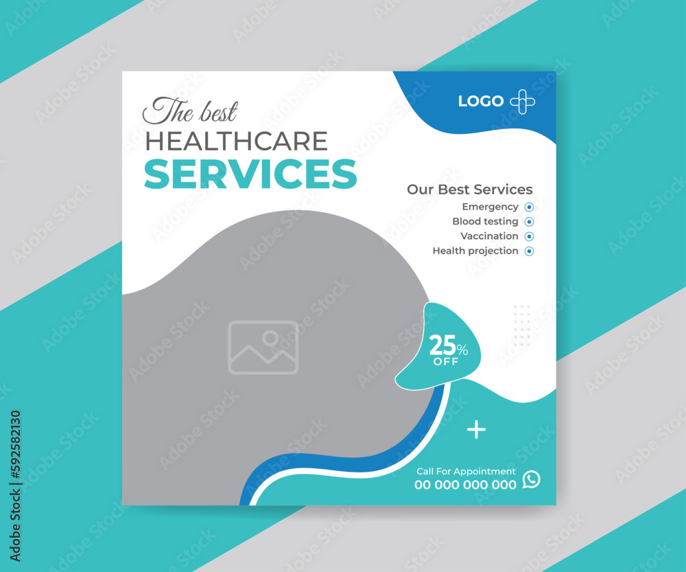 Medical healthcare service social media post template design or hospital, clinic, doctor and dentist health modern business promotion flyer template.
