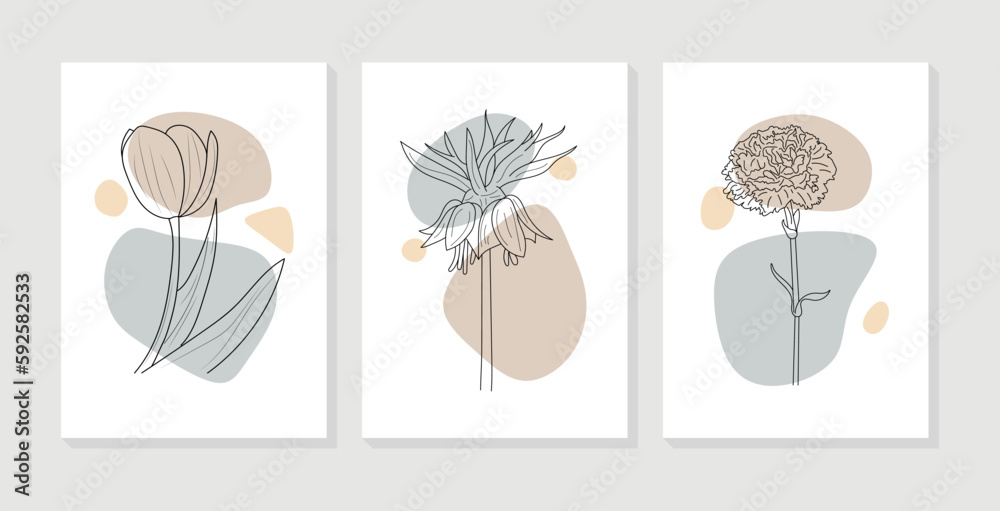 Set of abstract floral wall art. Hand drawn flowers with organic shapes. Botanical wall decoration collection design for print, wallpaper, interior, poster, cover, banner. Vector illustration Set of abstract floral wall art. Hand drawn flowers with organic shapes. Botanical wall decoration collection design for print, wallpaper, interior, poster, cover, banner. Vector illustration