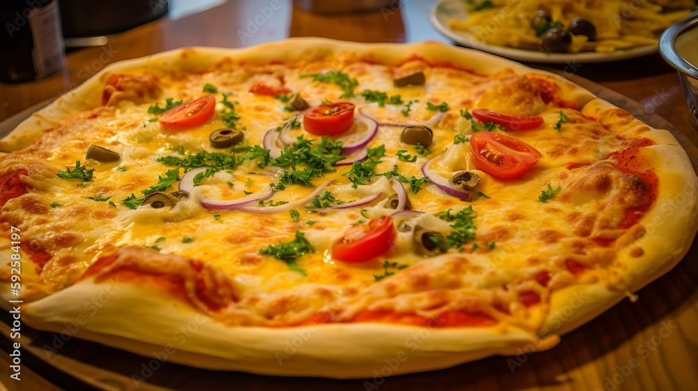 Delicious Pizza - A Mouthwatering Treat with Golden Cheese and Fresh Toppings