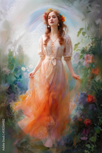 Wallpaper Mural Generative AI has produced an oil painting of a happy woman standing in the middle of a lush flower meadow. The artwork captures the joy and serenity of a beautiful day spent in nature.  Torontodigital.ca