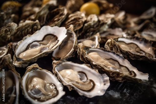 Close-up of an open oyster on a market or restaurant counter. Generative AI