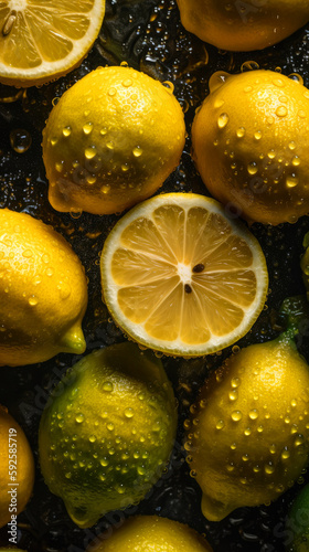 Fresh Lemon background, adorned with glistening droplets of water, ai generative