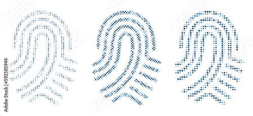 Blue random digital binary code numbers and halftone in thumbprint shape. Fingerprint data protection, scan biometric data, security lock, encoding data, or identification concept. Vector illustration