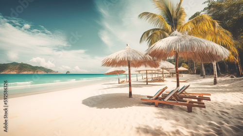 Travel background. Amazing tropical beach landscape. White sand  chairs and umbrella. Luxury vacation concept. Generative AI