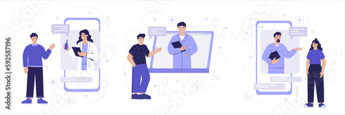 Set of cartoon characters of young people working as online doctors. Time for making treatment of patients online. Remote medical consultation via Internet. Vector