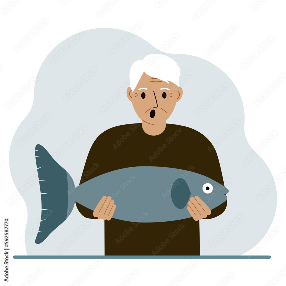 Obraz premium A old male fisherman holds a large fish, proud of good fishing or hunting. Hobby, fishing concept.