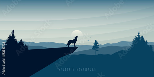 wolf howls to the full moon in forest on mountain landscape
