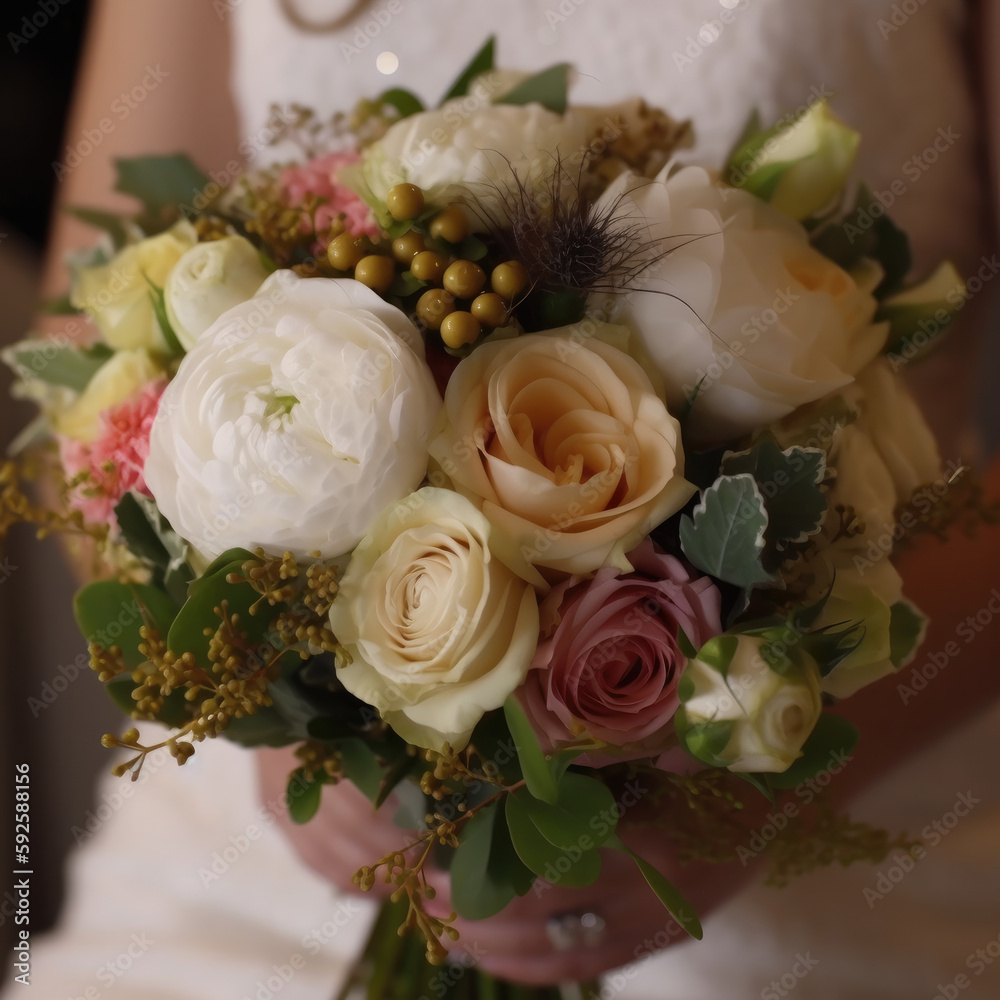 Obraz premium bouquet, wedding, rose, flower, flowers, roses, bride, love, bridal, beauty, floral, pink, celebration, marriage, bloom, nature, romance, bunch, arrangement, beautiful, blossom, decoration, married, l