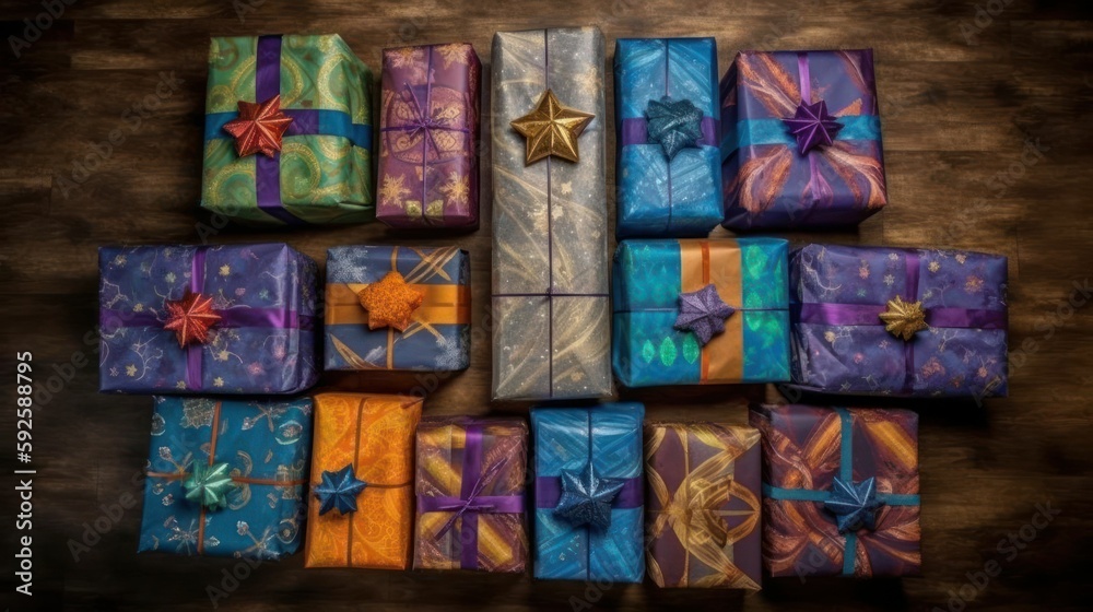 A top view of a lot of colorful presents. Birthday or Christmas gifs illustration. Generative AI. A top view of a lot of colorful presents. Birthday or Christmas gifs illustration. Generative AI.