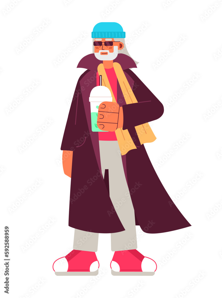 Bearded old hipster with trendy drink semi flat colorful vector character. Elderly lifestyle. Editable full body person on white. Simple cartoon spot illustration for web graphic design and animation