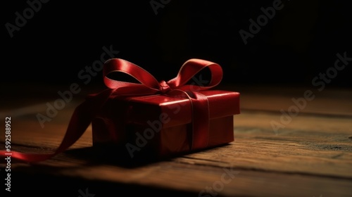 Red present box with ribbon close-up. Generative AI illustration.
