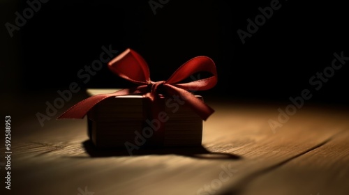 Red gift box with ribbon on black background. Generative AI illustration.