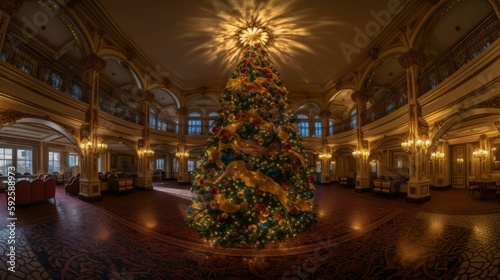 Huge Christmas tree in the middle of a decorated hotel hall lobby. Generative AI illustration.