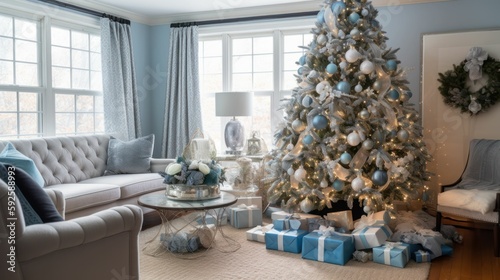 Contemporary silver and blue living room interior design with a Christmas tree and decorations. Generative AI illustration. 