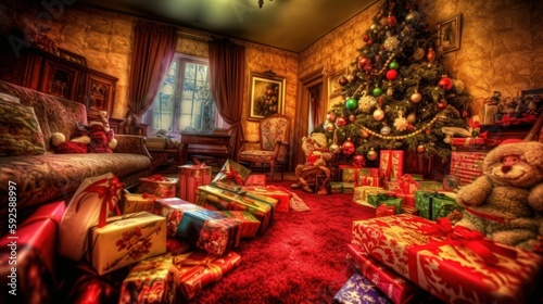 Interior of a living room with a Christmas tree, Christmas presents and decorations. Generative AI illustration.