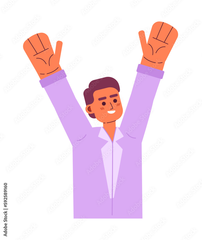 Happy man stretching in morning after sleep semi flat colorful vector character. Wake up routine. Editable person on white. Simple cartoon spot illustration for web graphic design and animation Happy man stretching in morning after sleep semi flat colorful vector character. Wake up routine. Editable person on white. Simple cartoon spot illustration for web graphic design and animation