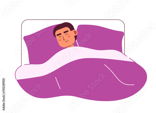 Young man sleeping in bed with comfort semi flat colorful vector character. Good night. Editable half body person on white. Simple cartoon spot illustration for web graphic design and animation