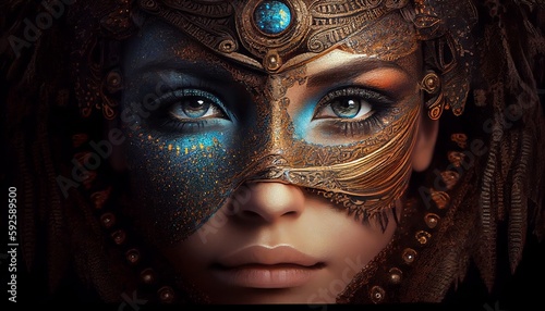 Amazing Mesmerizing Mysterious Fairy Woman Face Portrait AI Generated Artwork. AI Generative Beauty Young Woman Person Face Artificial Art Pattern Background.