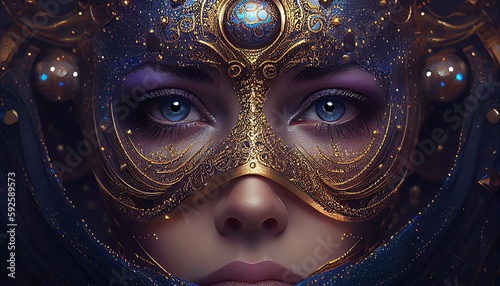 Amazing Mesmerizing Mysterious Fairy Woman Face Portrait AI Generated Artwork. AI Generative Beauty Young Woman Person Face Artificial Art Pattern Background.