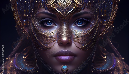 Amazing Mesmerizing Mysterious Fairy Woman Face Portrait AI Generated Artwork. AI Generative Beauty Young Woman Person Face Artificial Art Pattern Background. © Artificial Ambience