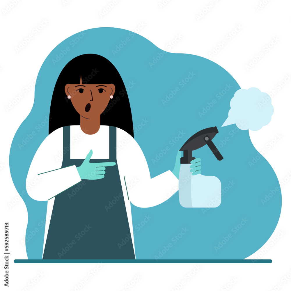 A woman in gloves holds a spray bottle with disinfectant liquid, antiseptic or detergent. Home disinfection and hygiene.