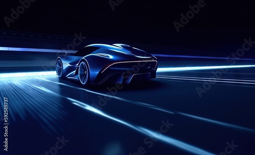 futuristic sport car driving speedily with light reflections in the dark