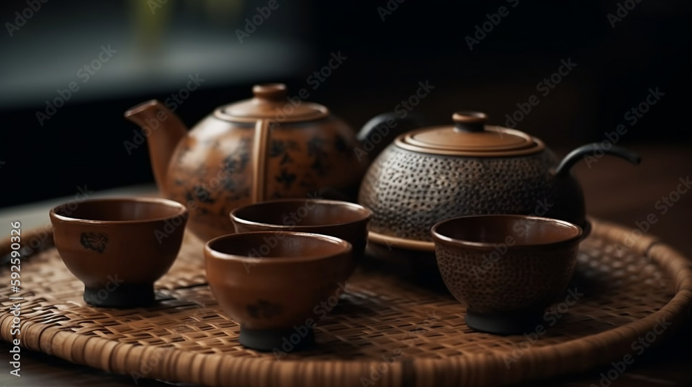 Japanese tea set with a bamboo mat featuring. Generative AI.