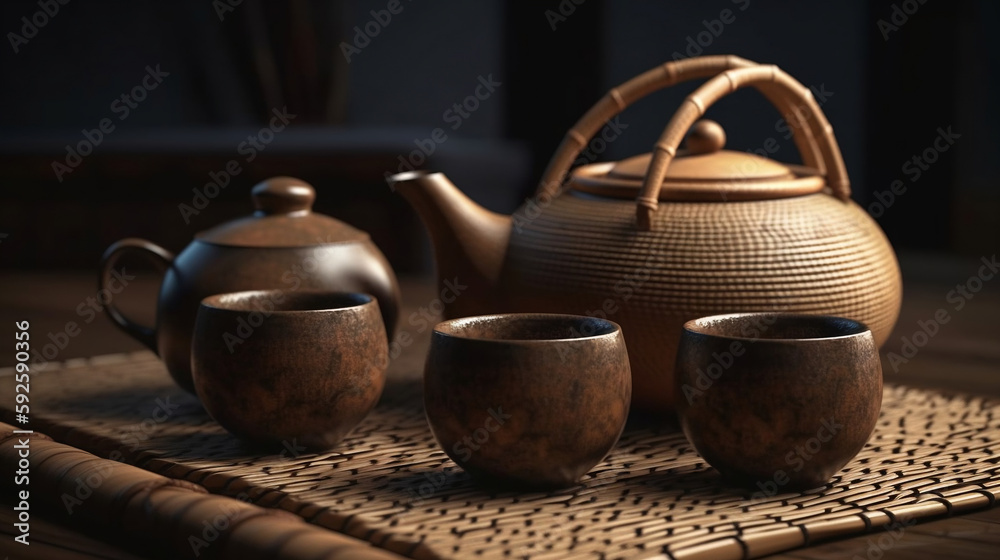 Japanese tea set with a bamboo mat featuring. Generative AI.