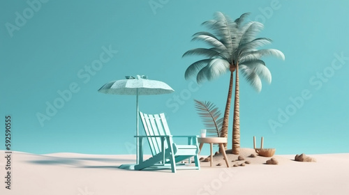 Beach chair, palm tree, blue sky, and accessories. Generative AI. © Aiakos